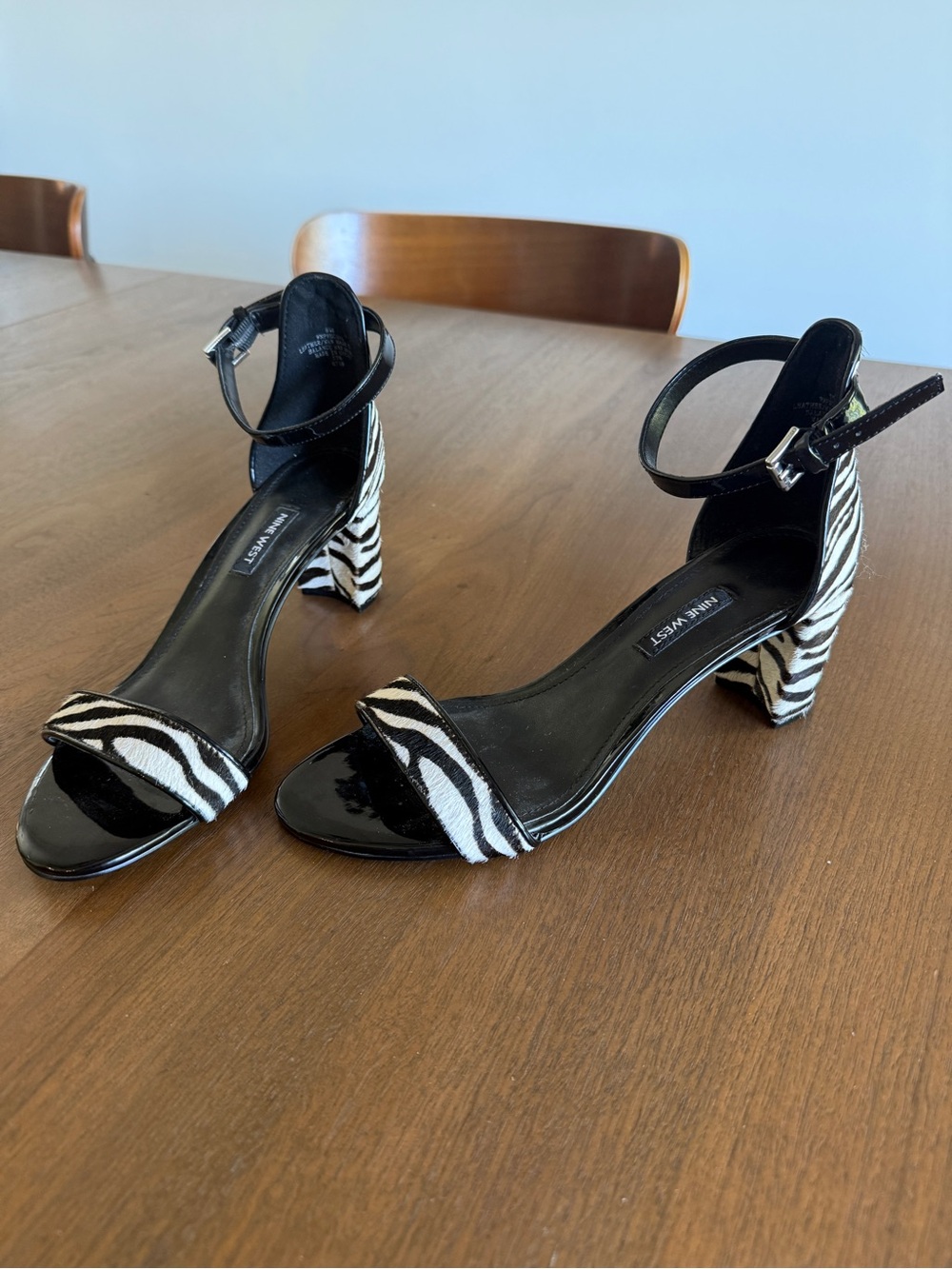 Nine West Zebra Print Block Heel Ankle Strap Sandals | Size 8.5